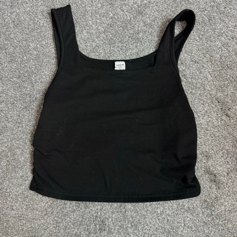 SHEIN Girls Black Tank Top Shirt Size 11Y Ruched Side Square Neck Cropped